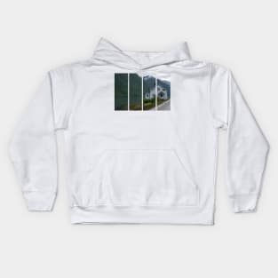 Wonderful landscapes in Norway. Innlandet. Beautiful scenery of Fjaerland village and the Fjaerlandsfjorden. Snowed mountains and waterfall. Cloudy day. Kids Hoodie